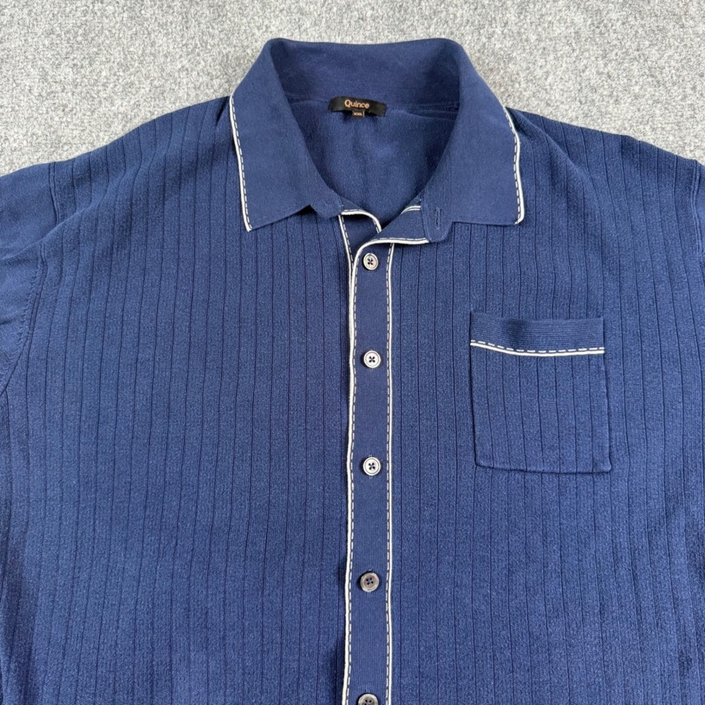 Quince Knit Button Up Shirt Mens XXL Navy Blue Silk Cotton Ribbed Contrast Trim